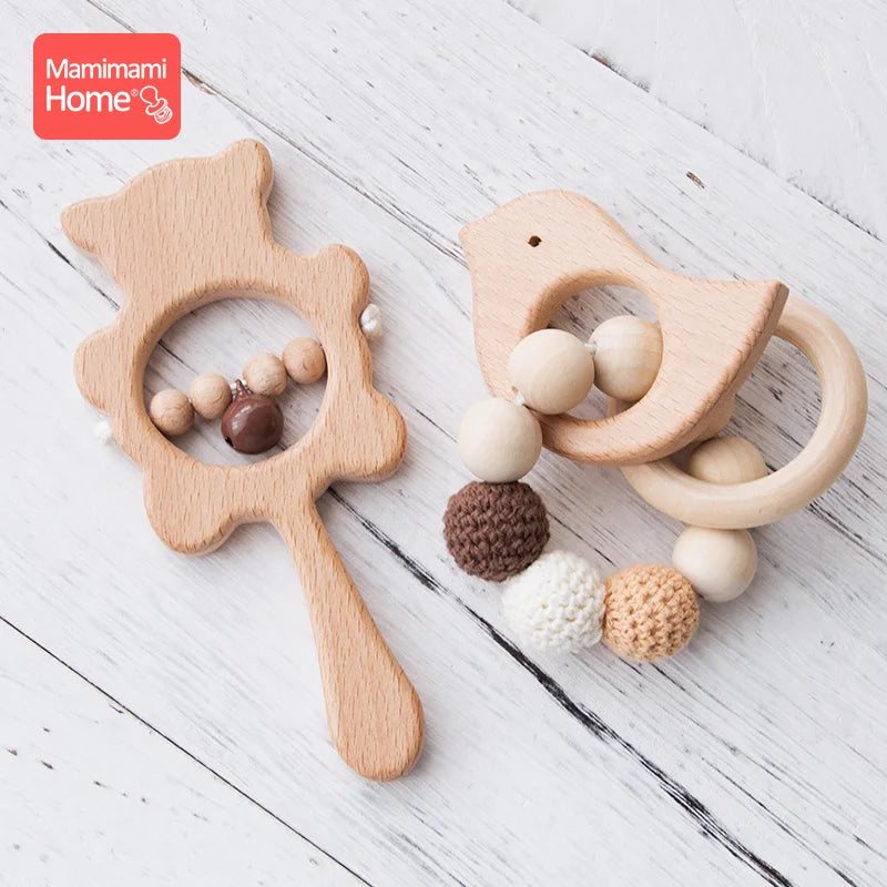 Natural Wooden Baby Rattle Set | Bear & Bird Design - Explorer Corner Toys