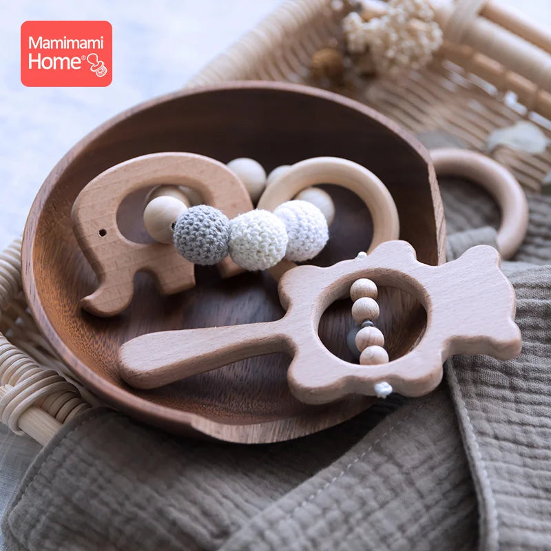 Natural Wooden Baby Rattle Set | Bear & Bird Design - Explorer Corner Toys