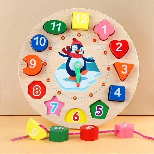 Penguin-Themed Wooden Number and Shape Learning Clock