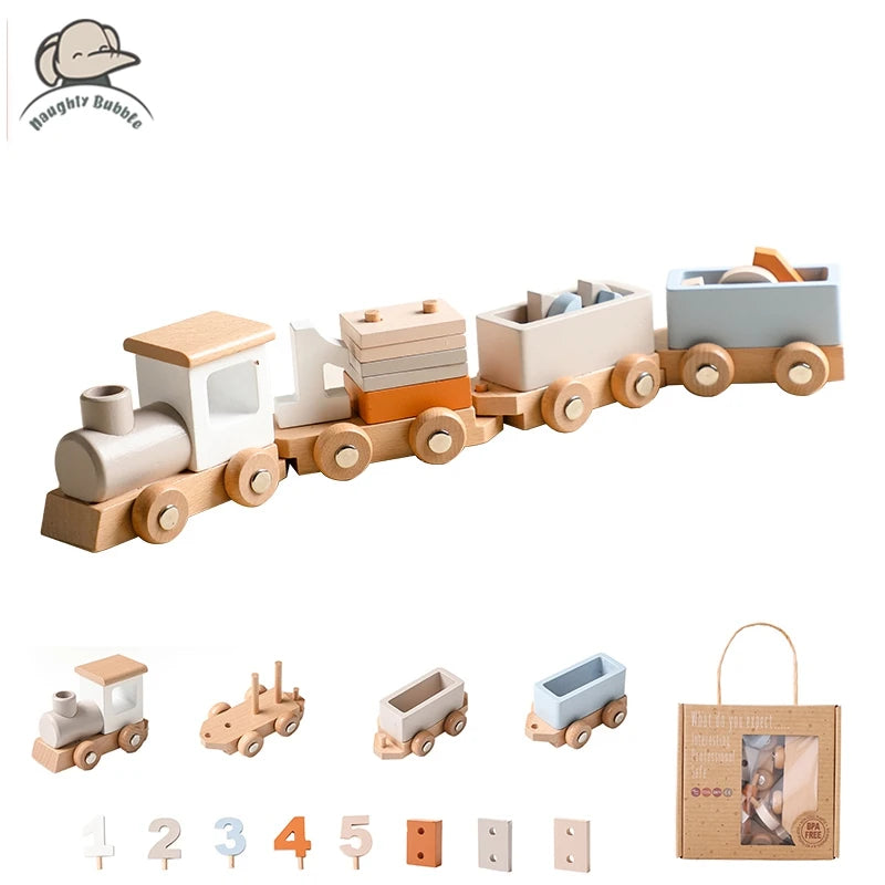 Wooden Train Set with Stacking Blocks | Montessori-Inspired Learning Toy - Explorer Corner Toys