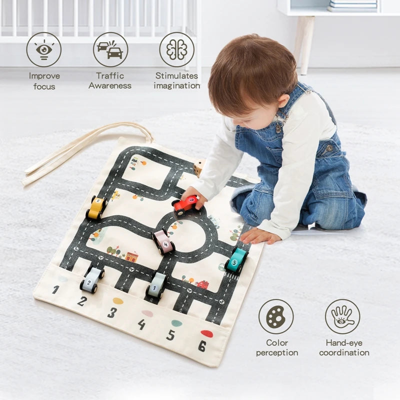 Roll-Up Road Mat & Wooden Car Set | Portable Play Kit - Explorer Corner Toys